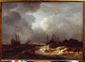 A Pintura Tempere de Jacob Isaakszoon van Ruisdael (Ruysdael) (1628-1682) Século XVII. Sol 1,1x1,6 m de Jacob van Ruisdael