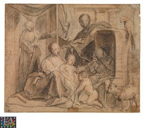 Alemão: The Holy Family with Elisabeth and St John the Baptist (back: door, doorway and Hermes)
Neerlandês: De Heilige Familie met Elisabeth en de kleine Johannes (keerzijde: Deur, deuropening en Hermes) de Jacob Jordaens