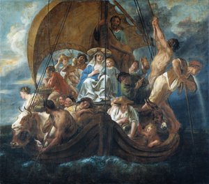 A Sagrada Família com várias pessoas e animais num barco de Jacob Jordaens
