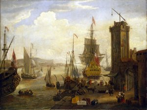 Cena de actividades nas docas de um porto britânico, navios ingleses e holandeses a carregar mercadorias de armazéns e lojas para as docas e a entrada de vários navios no porto de Jacob Knyff