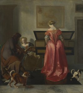 Duas mulheres e um homem fazendo música, cerca de 1675 de Jacob Lucasz. Ochtervelt