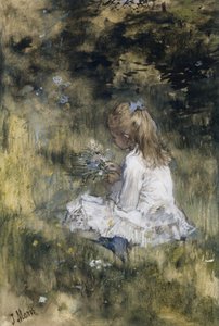 Uma menina com flores na grama Filha de Jacob Maris com flores na grama