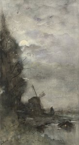 Paisagem com moinho ao luar de Jacob Maris