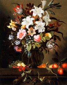 Um buquê de flores com frutas e dois lagartos de areia em uma borda de pedra, 1647