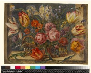 Estudo de flores: flores sortidas em uma cesta, com insetos e um lagarto em um cenário de janela, 1634