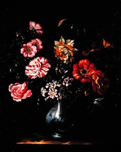 Flores em vaso azul e branco (óleo sobre tela)