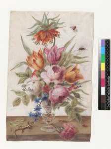 Cálice de vidro veneziano contendo flores com um lagarto e insetos, 1634 (guache sobre velino)