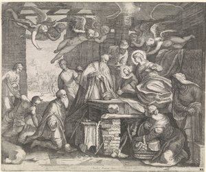 Adoração dos reis com anjos de Jacob Matham (workshop of)