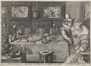 Casal jovem sentado a uma mesa em carga luxuosa de Jacob Matham (workshop of)
