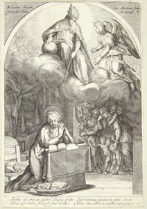 O Senhor e Gabriel encontram a Anunciação, Maria ajoelhada abaixo de Jacob Matham