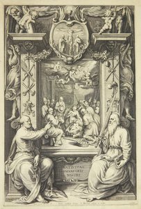 Adoração dos pastores com Pedro e Paulo em quadro alegórico de Jacob Matham