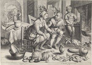 Peça de cozinha com frango no espeto Cenas de cozinha e mercado com cenas bíblicas (título da série)