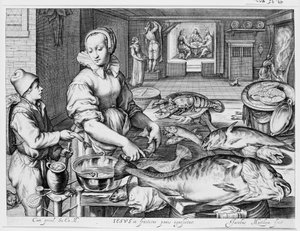 Cena de cozinha com criada a preparar peixe, Cristo em Emaús ao fundo, de Cenas de cozinha e de mercado com cenas bíblicas ao fundo de Jacob Matham