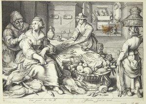 Cena de cozinha com uma senhora de cozinha colhendo aves de Jacob Matham