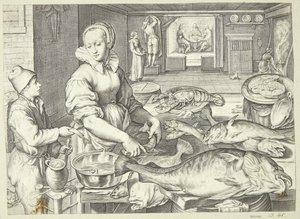 Cena de cozinha com uma senhora de cozinha limpando peixe de Jacob Matham