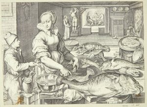 Cena de cozinha com uma senhora de cozinha limpando peixe de Jacob Matham