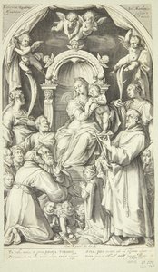 Maria e o Menino com padroeiros e santos (Santa Lúcia, Catarina de Alexandria, Francisco de Assis e membros da família Zuccaro) de Jacob Matham