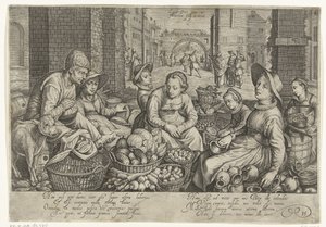 Cena do mercado com a parábola dos trabalhadores da vinha ao fundo, c. 1600 de Jacob Matham