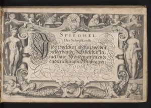 Impressão do título com moldura de borda alegórica e título caligrafado Espelho da arte da escrita, inden welcken ghesien, muitos tipos de escritos com seus fundamentos e educação são distribuídos (...) Rotterdam. Anno 1605 (título da série no objeto) de Jacob Matham
