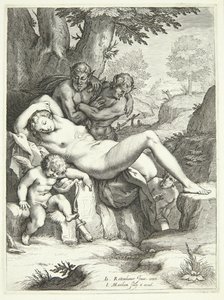 Vênus e Cupido dormem e são observados por sátiros de Jacob Matham