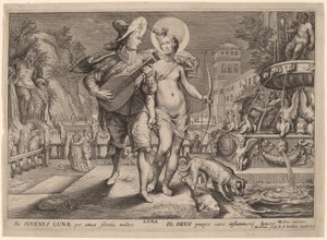 Diana como Luna Acompanhando um Jovem Fazendo Serenata de Jacob Matham, after Hendrik Goltzius