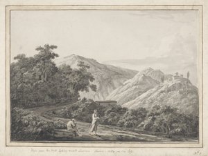 Ver perto do moinho olhando para Licenza: Horaces Villa à esquerda, 1783 (cinza lavar com caneta e tinta preta sobre papel)
