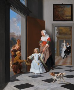 Uma enfermeira e uma criança em um elegante hall de entrada, 1663.