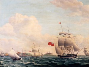 Navios navegando pelo Estreito de Oresund entre a Suécia e a Dinamarca com o Castelo de Kronborg ao fundo de Jacob Petersen