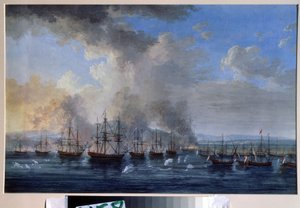 Guerra Russo-Otomana: "A Batalha naval de Damietta em 1770" (La bataille navale du chateau de Damiette en 1770) Opõe-se às frotas da Rússia de Catarina II e do Império Otomano (Orloff Revolution ou Orloff Brothers Expedition). Pintura de Jacob Philippe Hackert