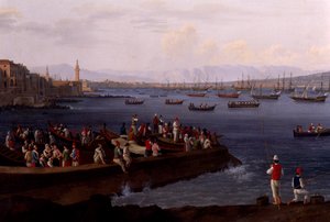 A Baía de Nápoles perto de Santa Lúcia mostrando as frotas navais que regressam de Argel de Jacob Philippe Hackert