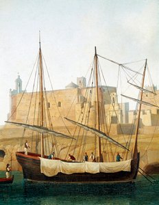 Vista de um navio no porto de Monopoli, Apúlia, Itália - (Navio no porto de Monopoli) Pintura de Jacob Philipp Hackert dit Hackert d