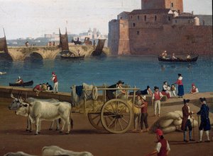 Vista do porto de Taranto (Taranto) na Itália no século XVIII Dockers no porto descarregando a mercadoria, carro puxado por bois - Pintura de Jacob Philipp Hackert dit Hackert d