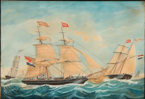 O Hendrika Bartina e o Johanna Hendrika navegando perto da costa, 1852 de Jacob Spin