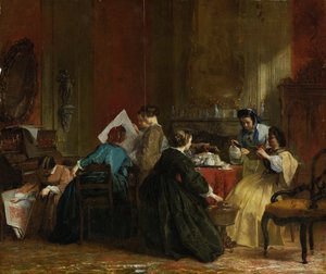 Grupo de mulheres olhando para fotografias estereoscópicas, c.1868 (óleo no painel)