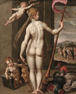 Minerva segurando uma lança enquanto é coroada com louros por um putto (óleo sobre tela) de Jacob de (studio of) Backer