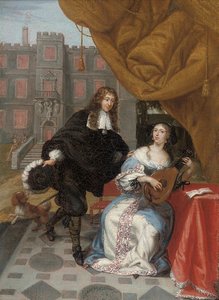 Um cavalheiro cortejando uma senhora fazendo música em um pátio, 1668 de Jacob de Fourmentrou