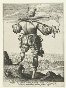 Mosqueteiro (arquebusier?) com capacete Oficiais e Soldados (título da série) de Jacob de Gheyn (II)