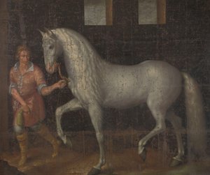 Cavalo de Guerra Espanhol Um cavalo de guerra espanhol capturado por Lodewijk Gunther van Nassau do arquiduque Alberto da Áustria na Batalha de Nieuwpoort e apresentado ao príncipe Maurits de Jacob de Gheyn (II)