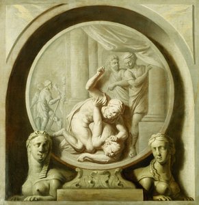 Um roundel decorativo com Odisseu lutando contra o mendigo e com Sphynxs de Jacob de Wit