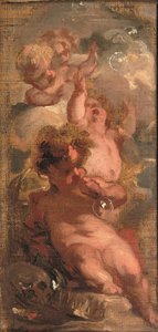 Uma alegoria de Vanitas: Quatro bolhas soprando putti, uma caveira, uma paleta de artista e uma coroa nas proximidades (óleo sobre tela colocado no painel)