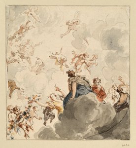 Esboço de um tecido para colcha com figuras femininas sentadas nas nuvens e cupidos com flores a flutuar no ar de Jacob de Wit