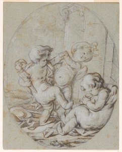 Três Putti: Design para uma pintura Grisaille de Jacob de Wit
