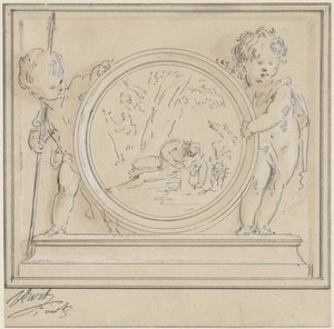 Dois putti com medalhão, em que Narciso e Eco de Jacob de Wit