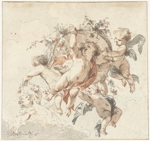 Querubins flutuantes com uma cesta de flores de Jacob de Wit
