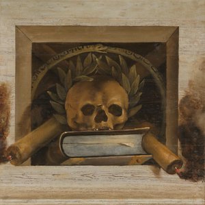 Vanitas ainda vida com caveira com coroa de louros, livro e duas velas acesas
