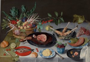 Natureza morta com carne, peixe, legumes e frutas, c.1615-20