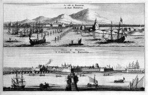 Vista da cidade, porto e castelo de Batávia - em "" Embaixada da Companhia Oriental das Províncias Unidas para o Imperador da China ou Grand Cam de Tartaria "" por Pierre de Goyer e Jacob de Keyser, Leiden