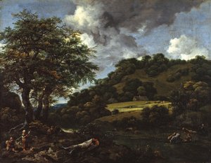 Uma paisagem montanhosa com carvalhos altos de Jacob van Ruisdael