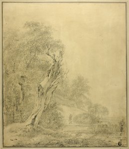 Árvore morta à beira da água, figura aproximando-se com um poste de Jacob van Ruisdael