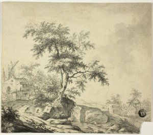 Paisagem com árvore na estrada para edifícios de Jacob van Ruisdael